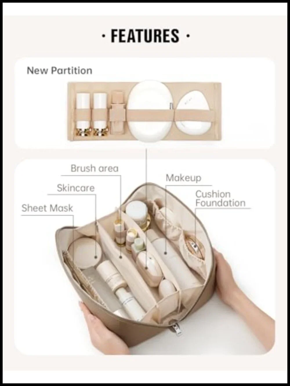 Large Capacity Travel Makeup Bag with TPU Brush Compartment